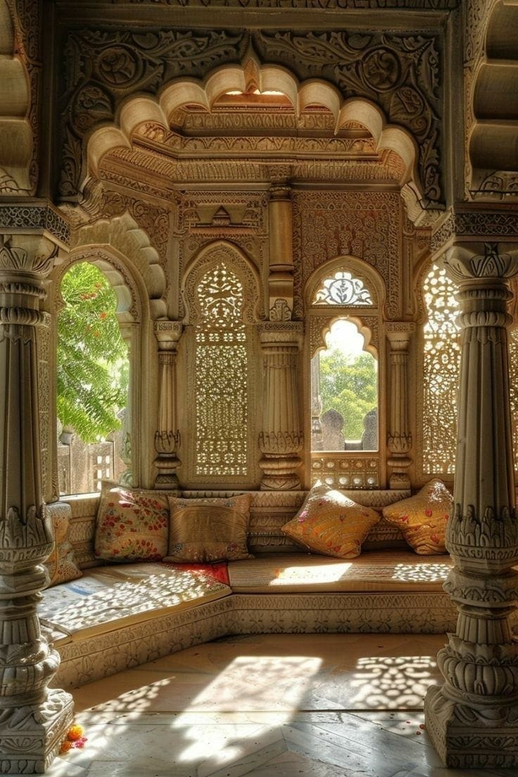 Jharokha Room — frescoed interior with carved window alcove