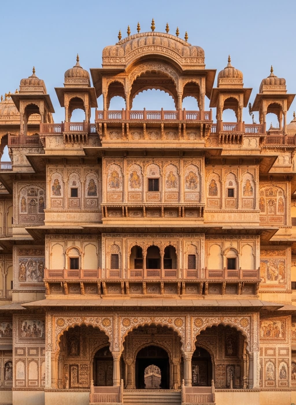 Golden-hour view of the haveli's ornate carved facade, crowned with domed chhatris above the entrance arches